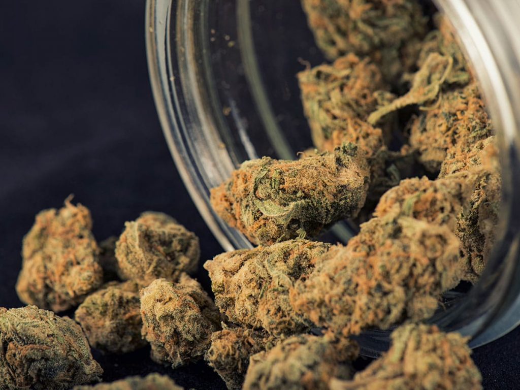 Cannabis flower pouring out of jar