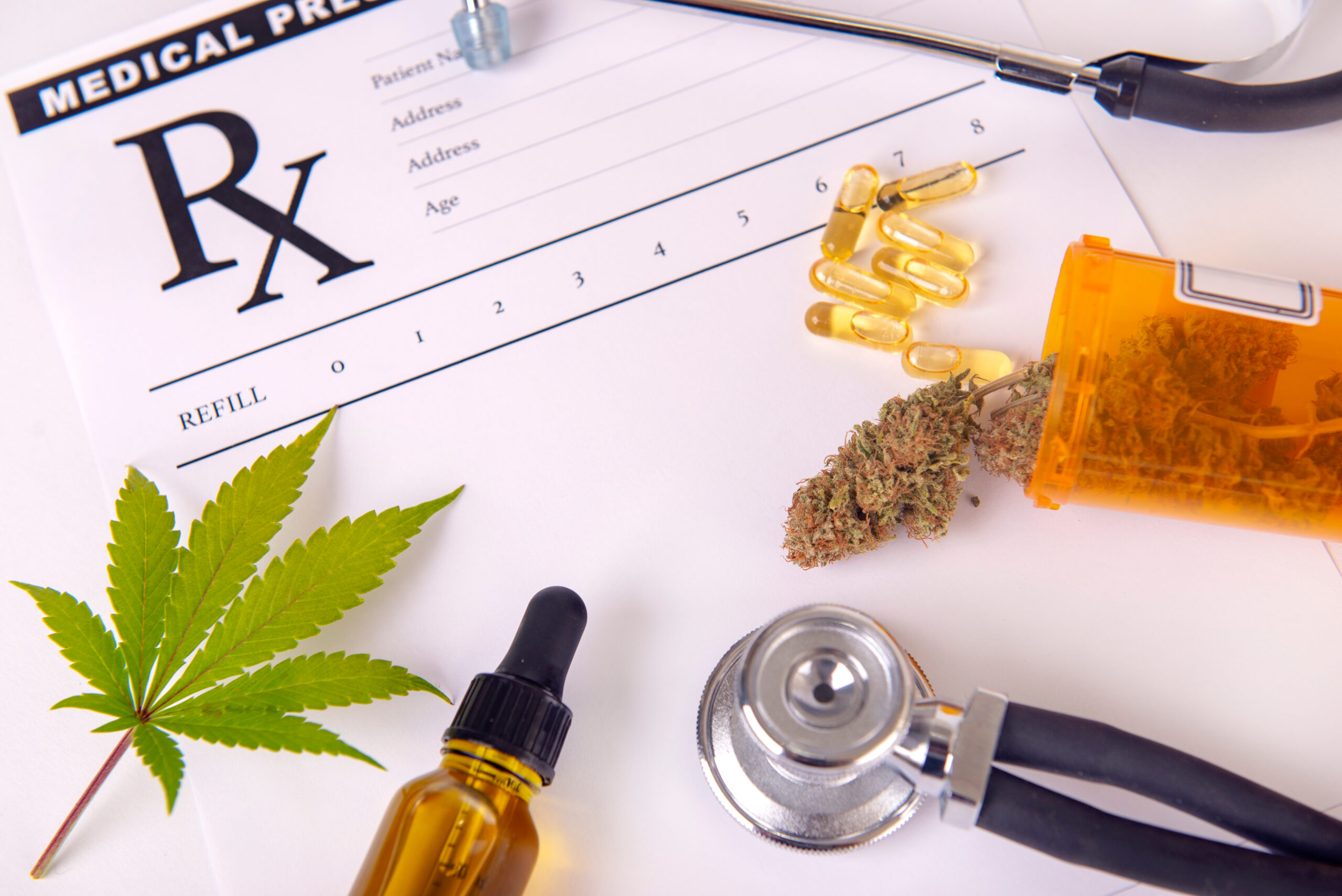 A prescription pad with several different marijuana products on top. Weed may relieve nausea.