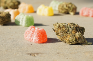 Close up of an orange gummy next to a weed flower. Other flowers and gummies are in the background